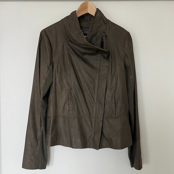 VINCE Scuba Moto Leather Jacket - Dark Green - Picture 1 of 9
